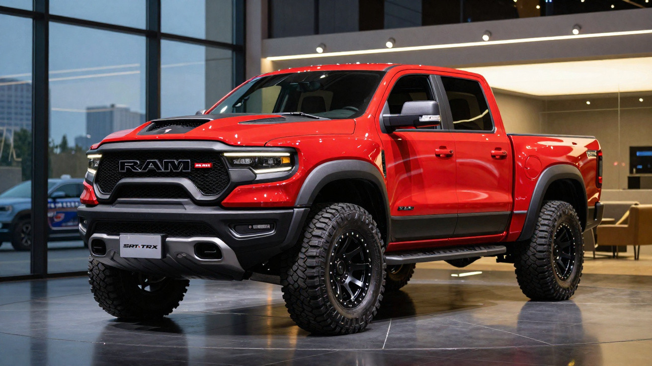 Picape vermelha RAM SRT-TRX estacionada em interior moderno de showroom automóvel.