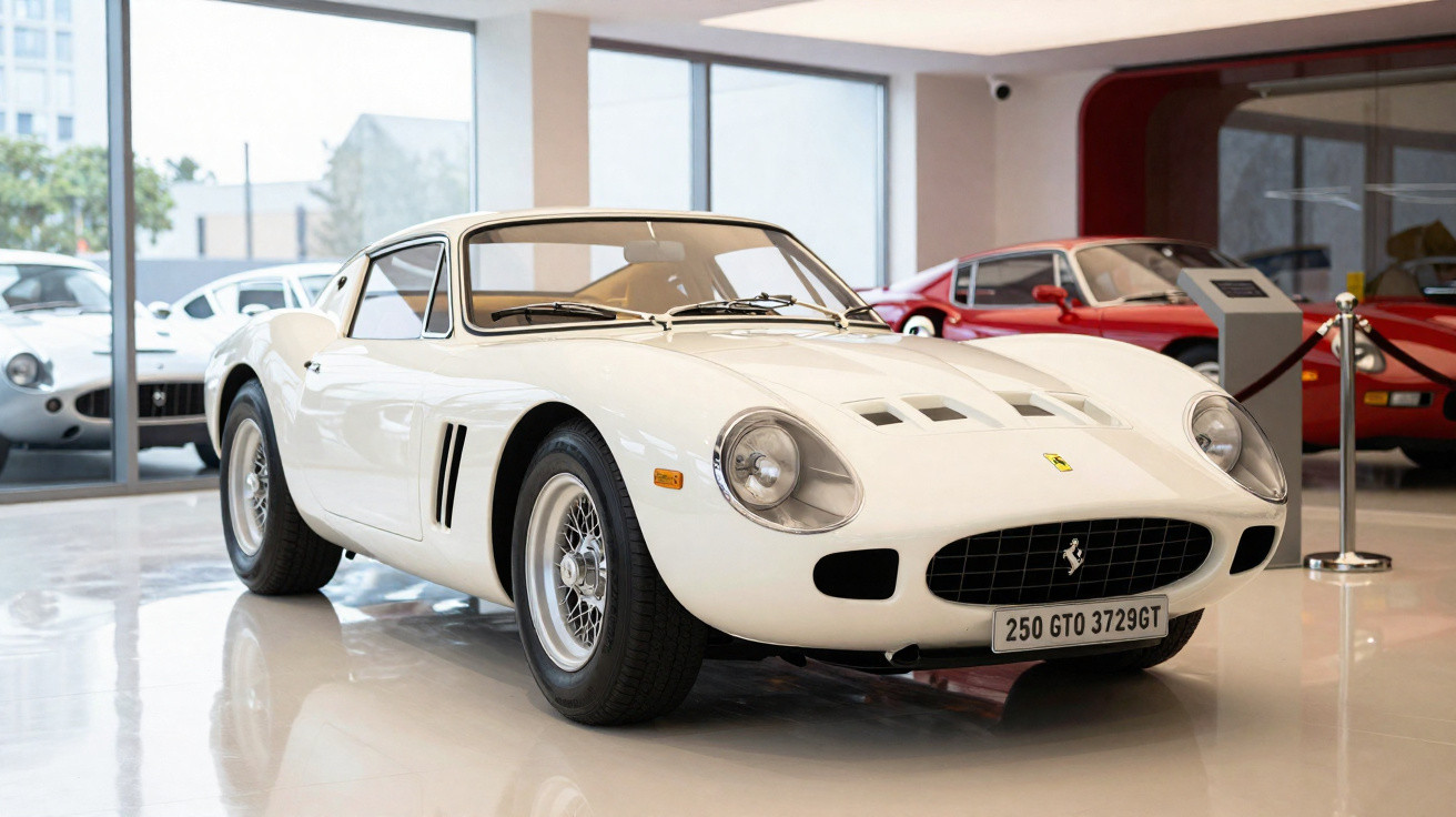 Carro clássico Ferrari 250 GT branco exposto num salão com veículos desportivos ao fundo.