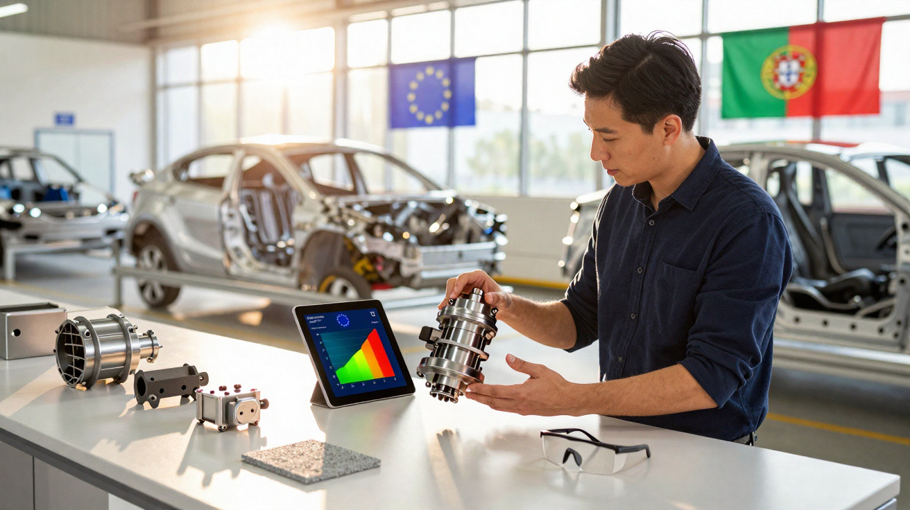 Engenheiro a analisar dados num tablet com peças automóveis numa oficina moderna e iluminada.