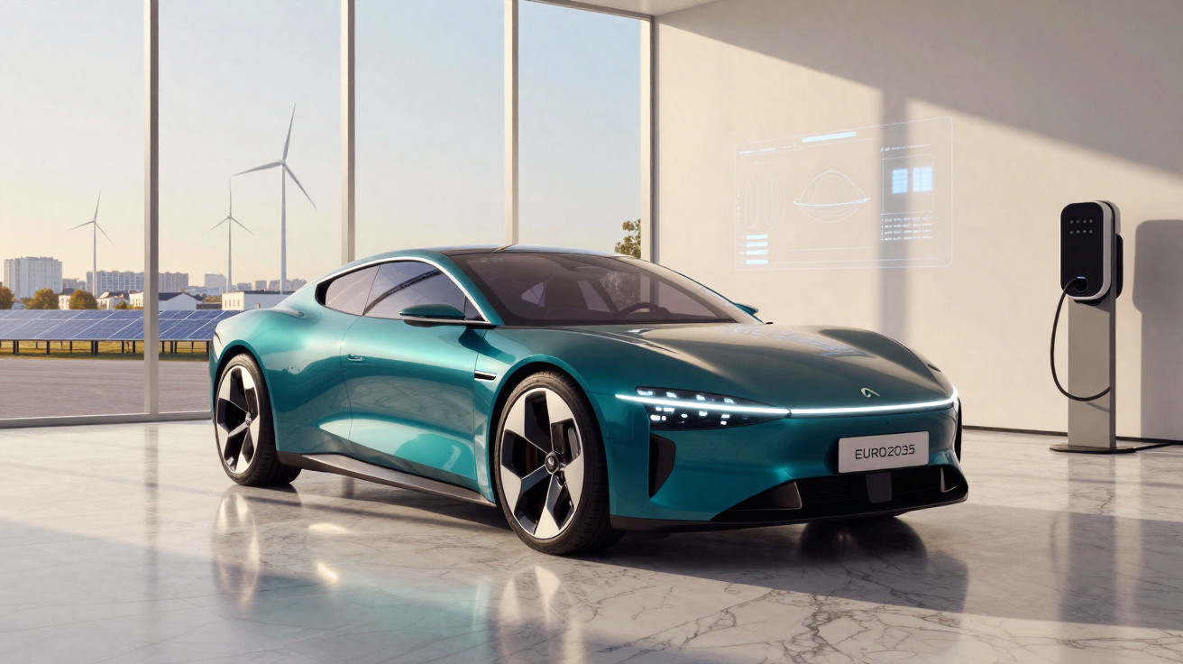 Carro elétrico desportivo azul num espaço moderno com parede de vidro e turbinas eólicas ao fundo.
