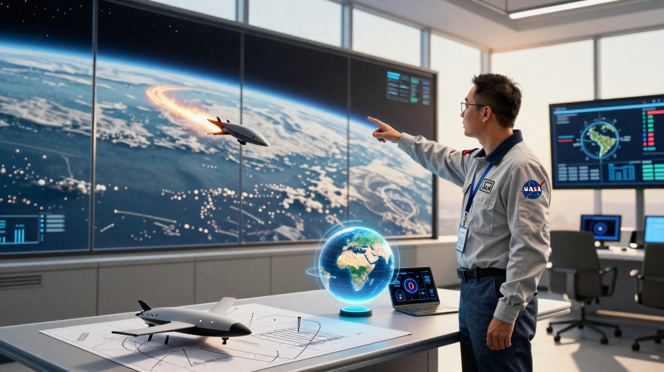 Homem com uniforme da NASA interage com holograma de planeta e modelos de aviões numa sala de controlo espacial.