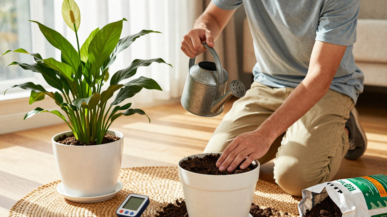 Pessoa rega planta em vaso branco sobre tapete redondo, ao lado de medidor e saco de terra para plantas.