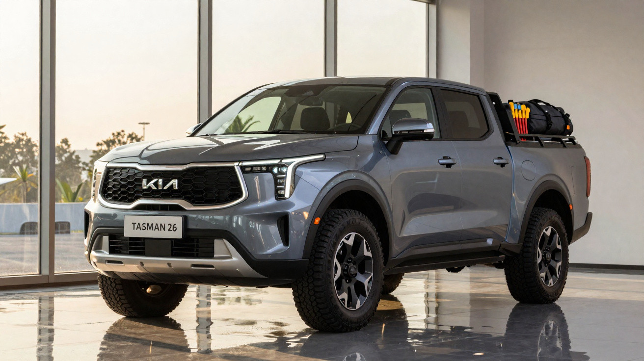 Pick-up Kia Tasman 26 cinza estacionada em espaço interior com janelas amplas.