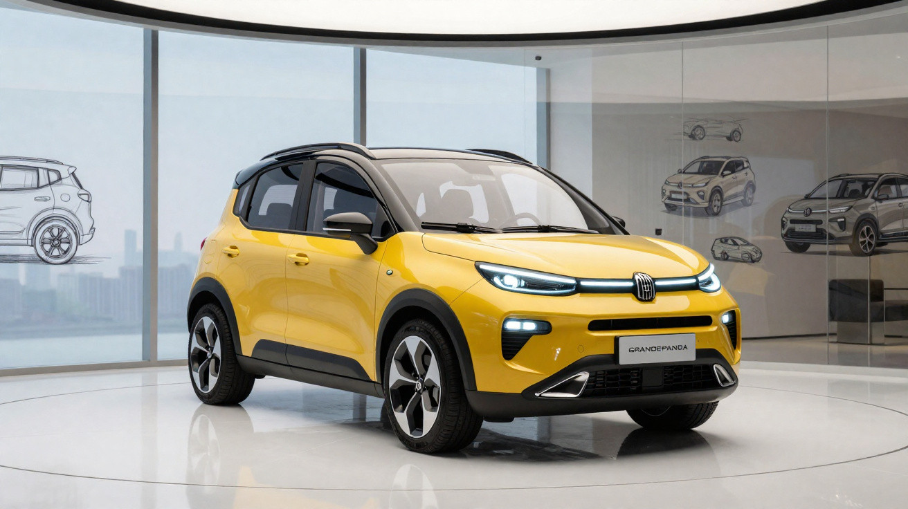 Carro Fiat Grande Panda amarelo exhibido num espaço moderno com paredes de vidro e desenhos de automóveis.