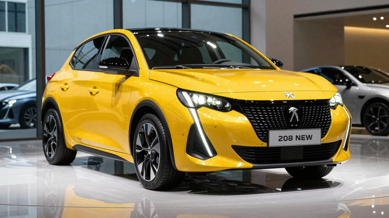 Peugeot 208 novo cor amarela exposto em sala de mostra moderna com carro cinzento ao fundo.
