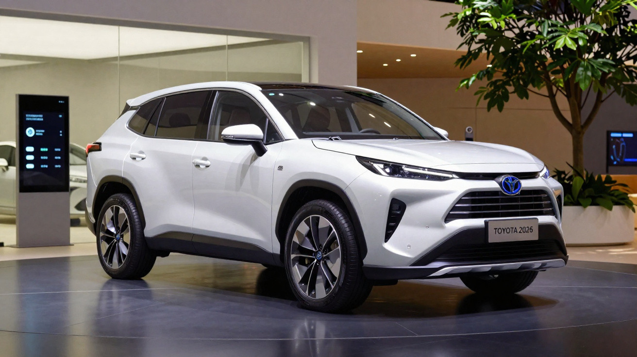 Carro Toyota branco moderno estacionado em showroom com iluminação interior e plantas ao fundo.
