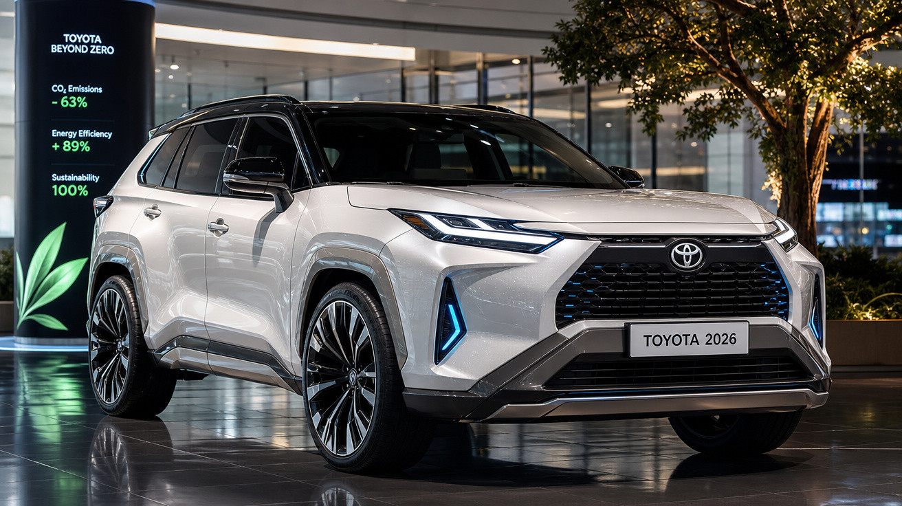 Carro elétrico SUV Toyota branco 2026 exibido em showroom moderno à noite.