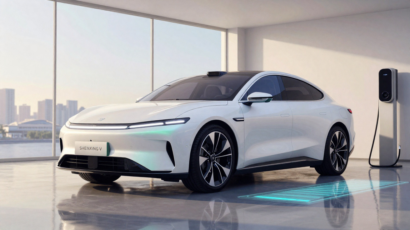 Carro elétrico branco estacionado em garagem moderna com carregador ligado e vista urbana ao fundo.