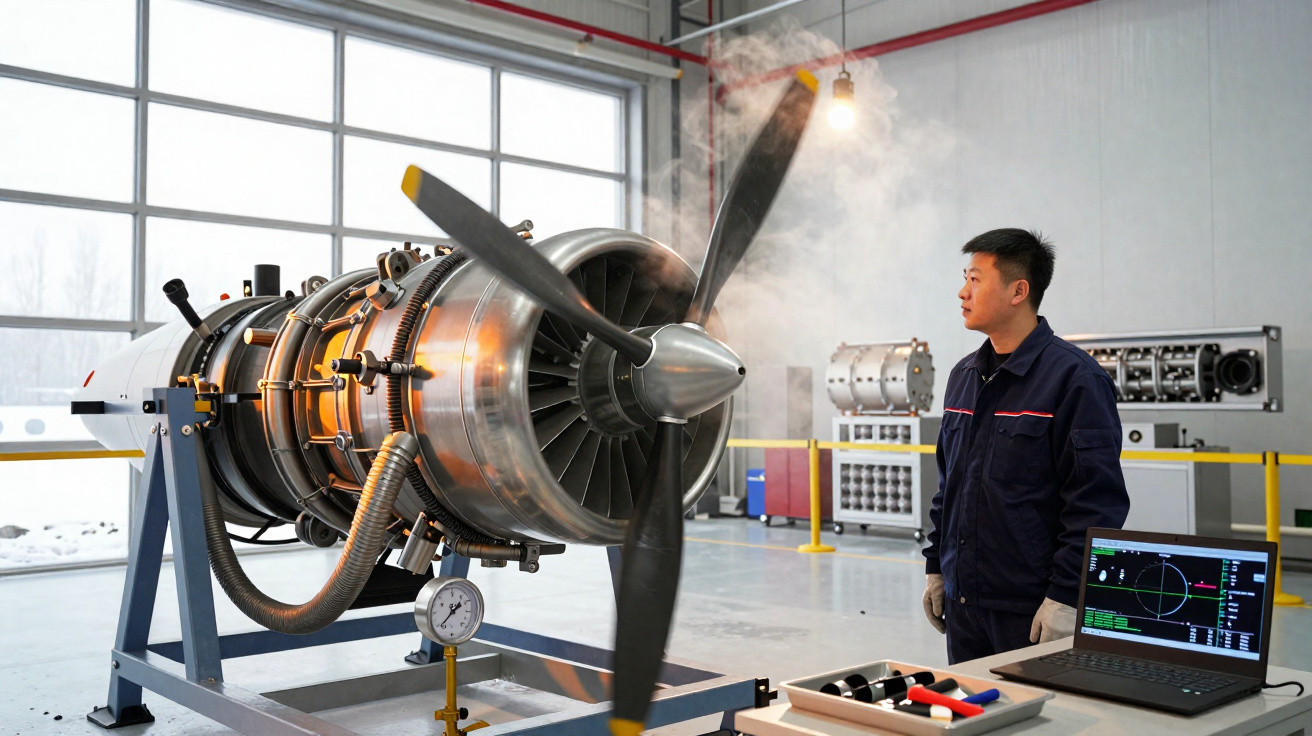 Técnico a observar motor de avião a funcionar com hélice em movimento numa oficina moderna e iluminada.