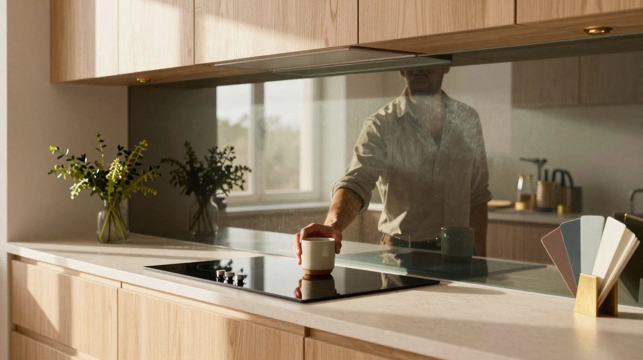 Interior de cozinha moderna com armários de madeira, vitrocéramica, jarro e plantas decorativas na bancada.