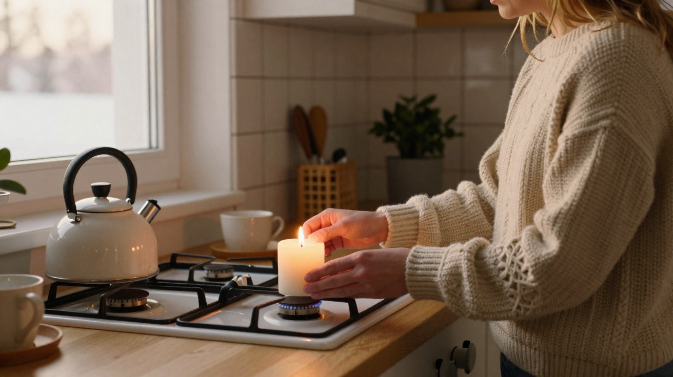 Mulher a acender uma vela na cozinha junto ao fogão com chaleira e chávena.