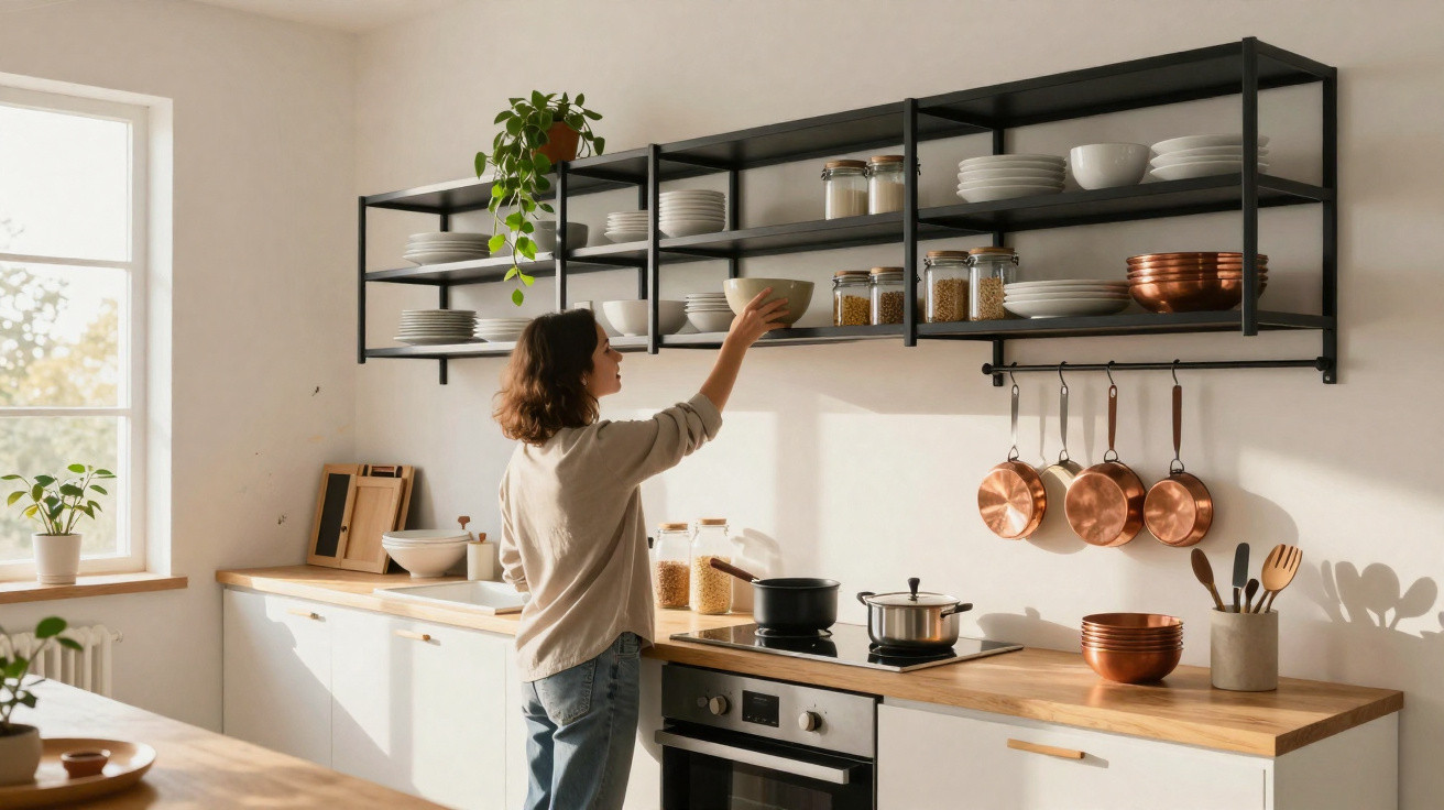 Mulher a cozinhar numa cozinha moderna com prateleiras abertas e utensílios de cobre pendurados.