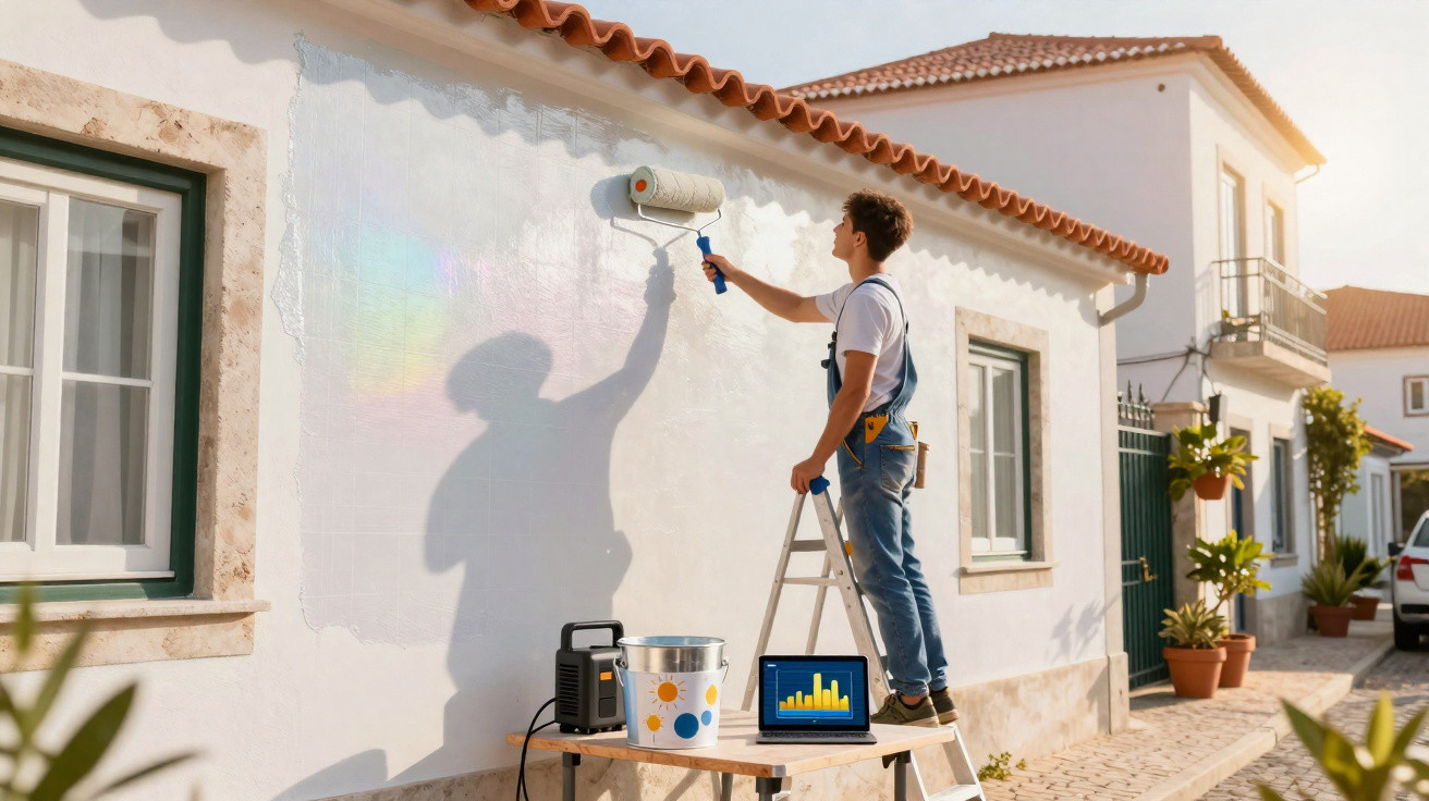 Homem a pintar parede exterior branca com rolo, em casa com janela verde e telhado de telha vermelha.
