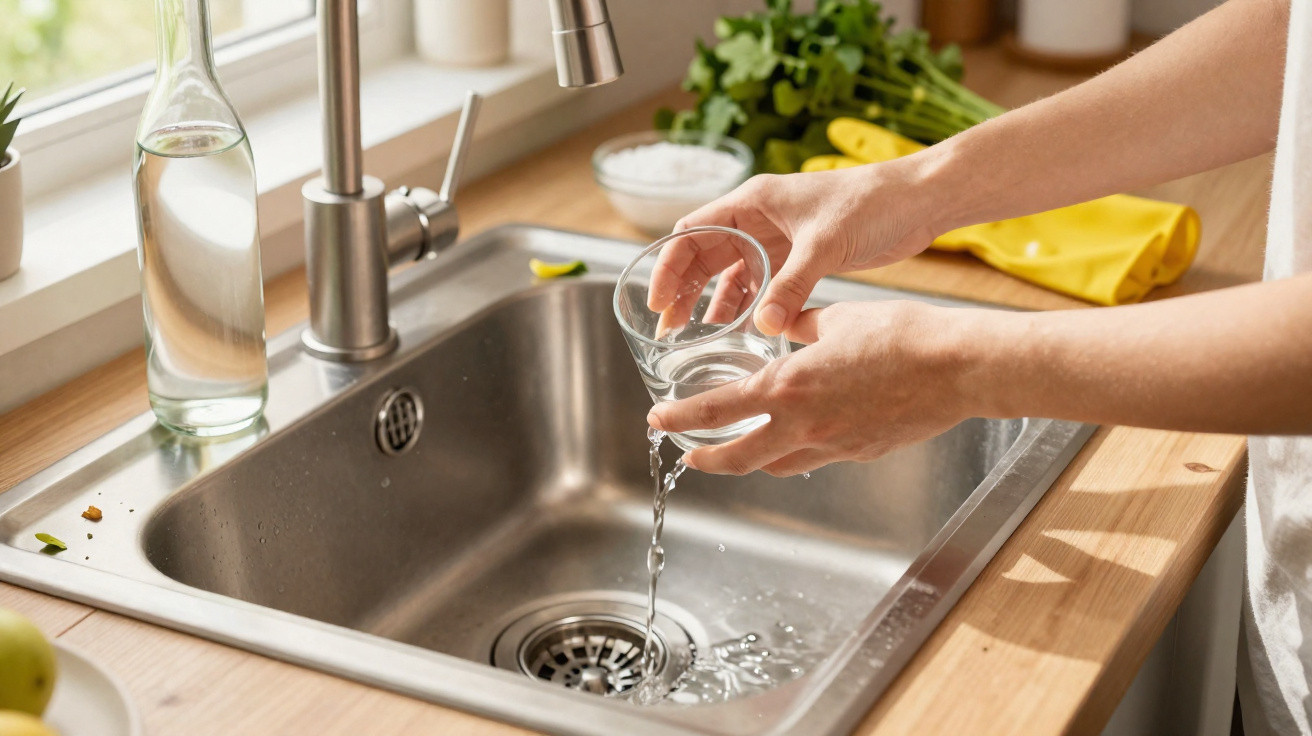 Pessoa a encher copo com água da torneira numa cozinha com pia de aço inox e bancada de madeira.