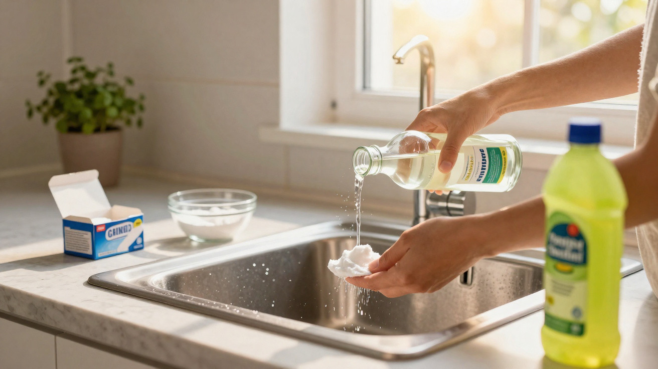Pessoa a verter vinagre sobre bicarbonato de sódio para limpar uma pia de cozinha em aço inox.