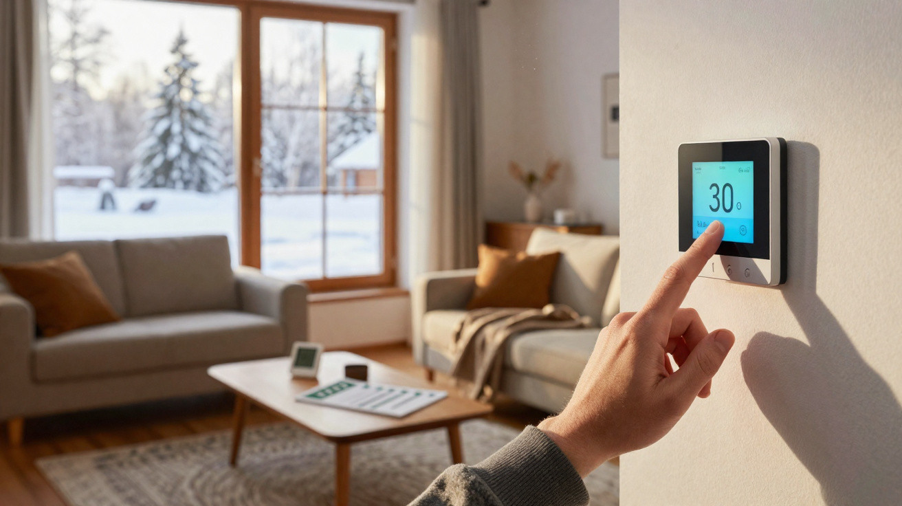 Mão ajusta termóstato digital numa sala com sofá cinzento e janela com vista para paisagem nevada.