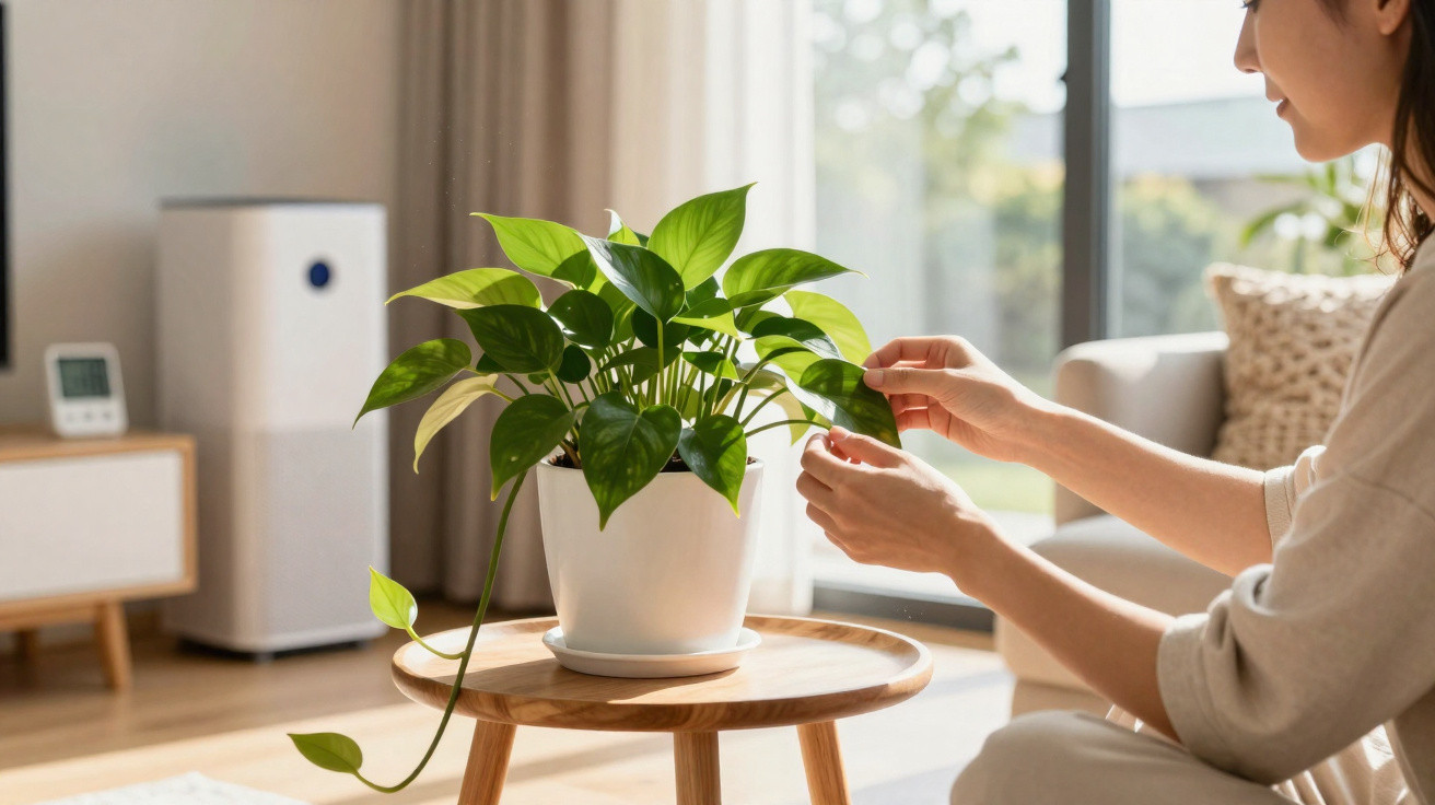 Pessoa a cuidar de planta verde num vaso branco sobre mesa de madeira numa sala iluminada.