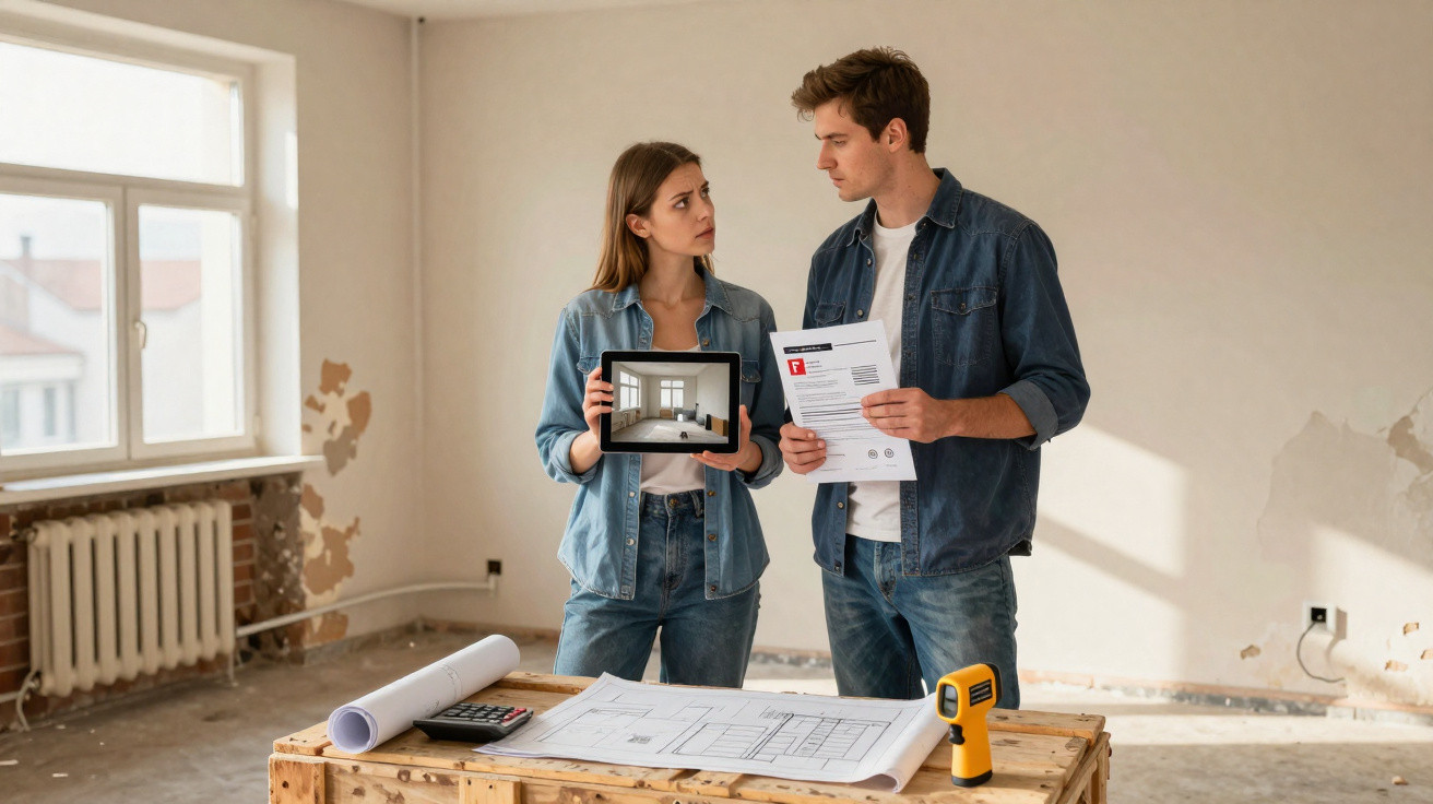 Casal preocupado a analisar reparações necessárias numa casa antiga em obra com plantas e documentos na mesa.