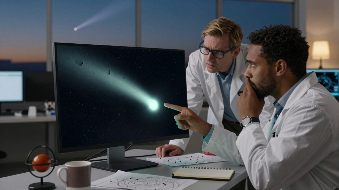 Dois cientistas observam um cometa na tela de um computador, com um cometa visível pela janela ao fundo.