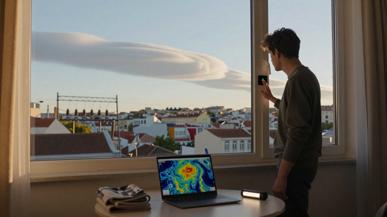 Homem verifica janela em apartamento com tempestade na cidade e laptop com mapa meteorológico na mesa.