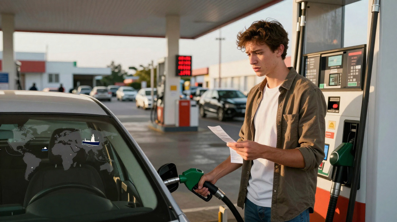 Jovem a abastecer combustível num posto de gasolina segurando um recibo, ao lado do seu carro cinzento.