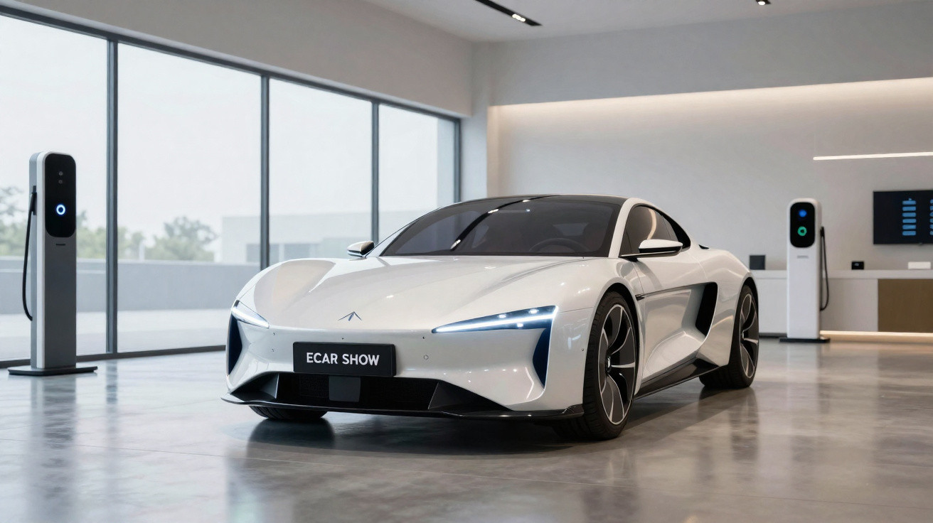 Carro elétrico branco futurista exibido em showroom moderno com grandes janelas e carregadores elétricos.