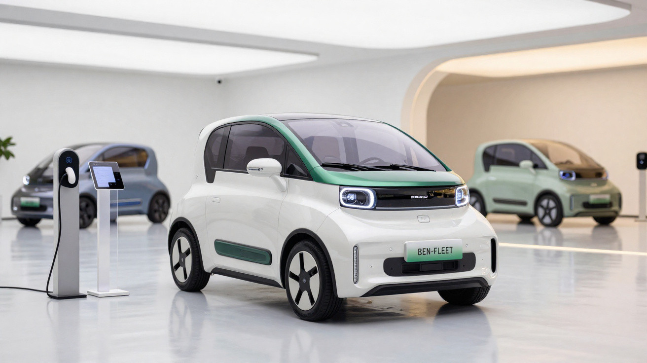 Carros elétricos compactos brancos e cinza em ambiente moderno com carregador eléctrico à esquerda.