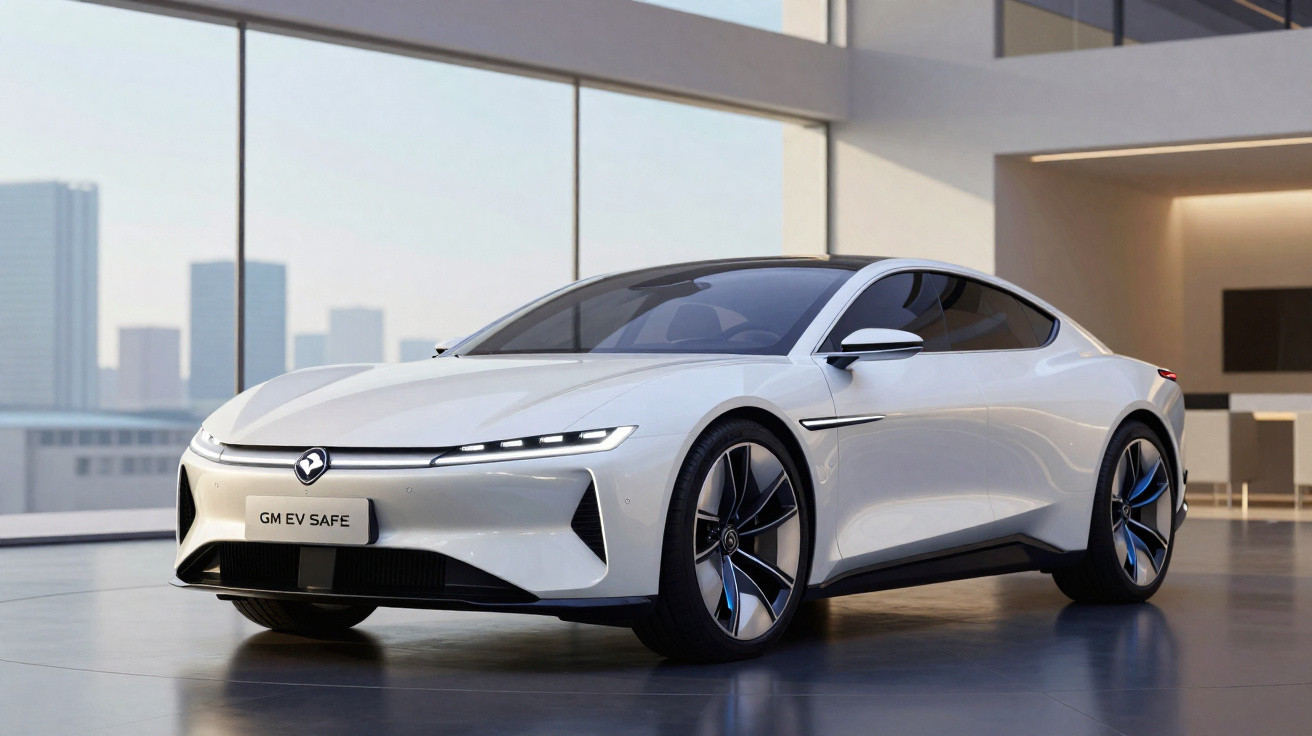 Carro elétrico compacto branco com design moderno e elegante em exposição interior urbana.