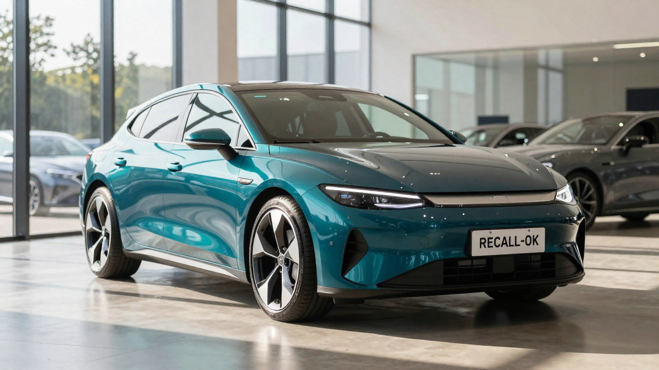 Automóvel elétrico azul num showroom, com design moderno e placa "RECALL-OK" na frente.