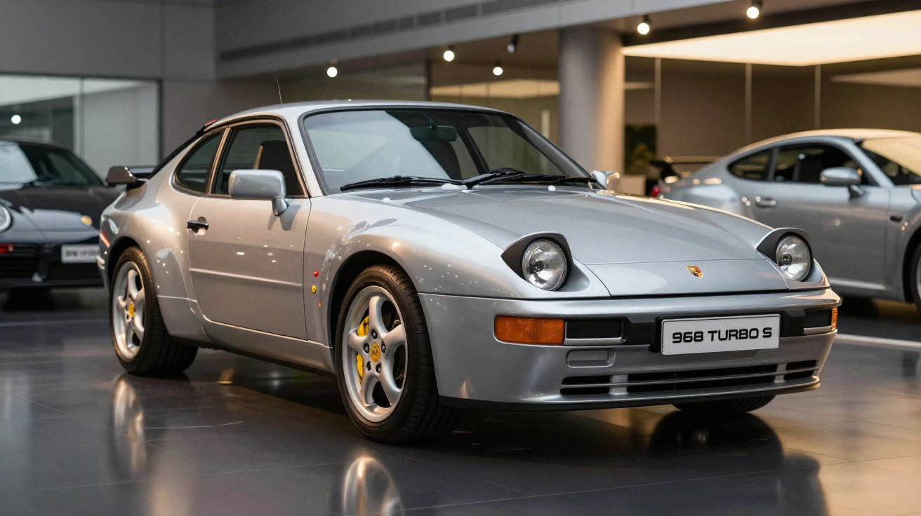 Carro desportivo Porsche 968 Turbo S prateado em exposição num showroom moderno.