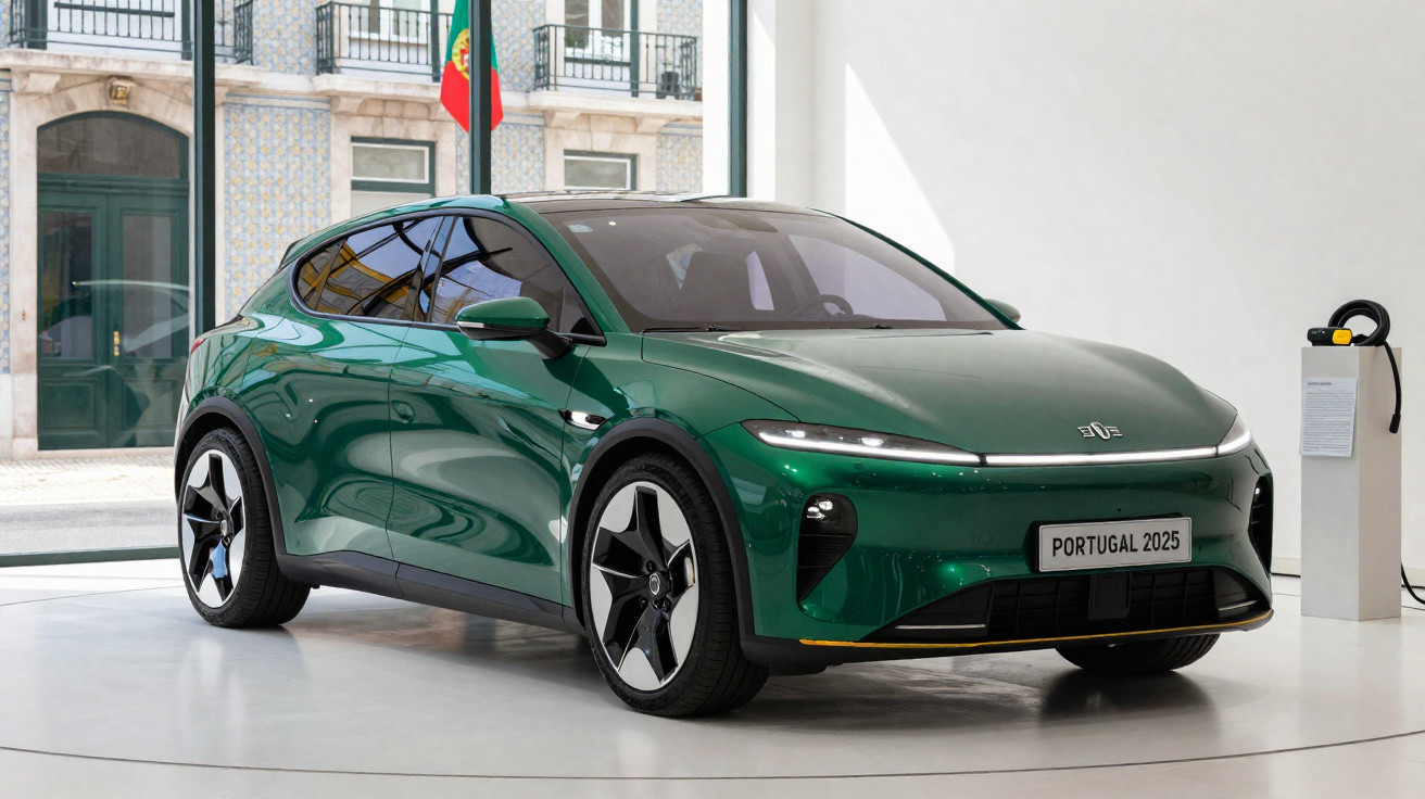 Carro elétrico verde metálico exposto em showroom moderno com placa Portugal 2025 e estação de carregamento.