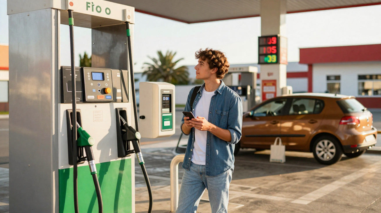 Homem jovem a usar telemóvel ao pé de bomba de gasolina numa estação de serviço com carro estacionado ao fundo.