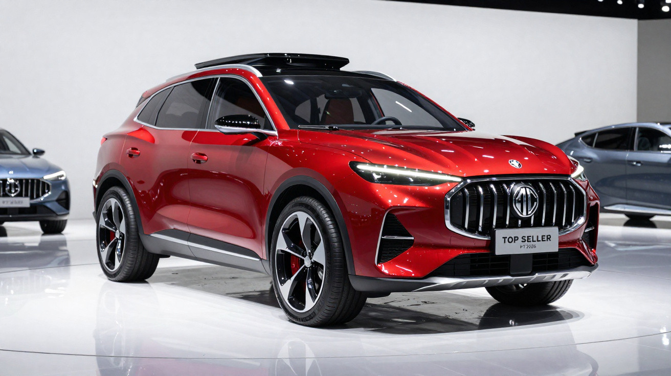 Automóvel vermelho MG SUV elegante exposto em salão automóvel com dois carros ao fundo.