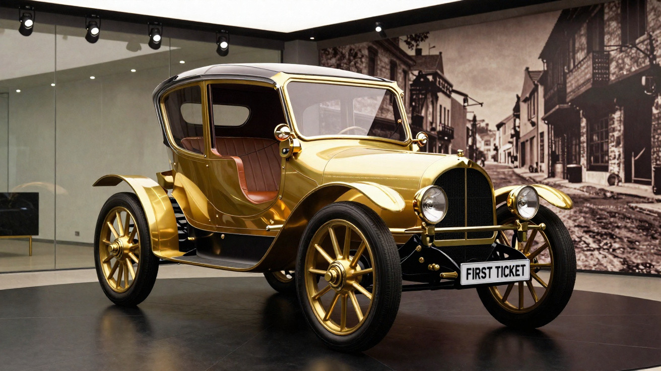 Carro antigo dourado em exibição, com design clássico e ambiente museológico.