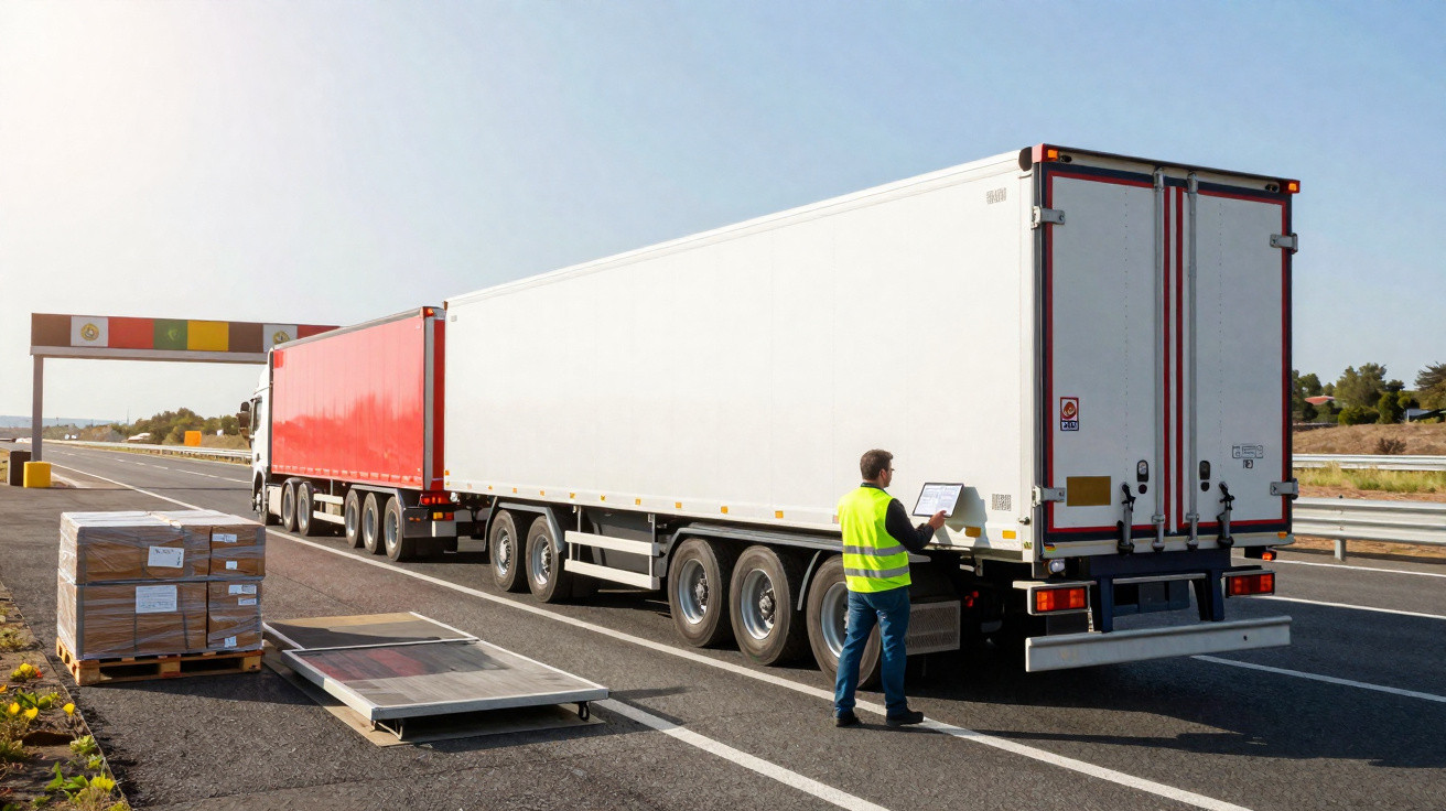 Dois trabalhadores com coletes refletores inspecionam um camião de mercadorias numa estrada sob céu limpo.