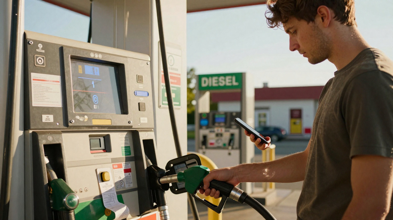 Homem a abastecer combustível diesel numa bomba de posto, segurando telemóvel na mão direita.