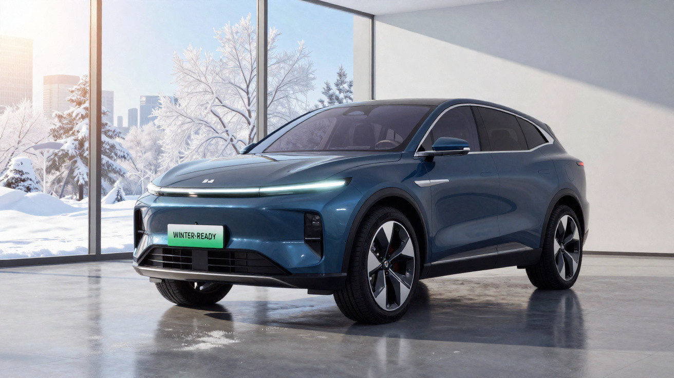 Carro SUV elétrico azul escuro estacionado em interior com janelas grandes e paisagem de neve lá fora.