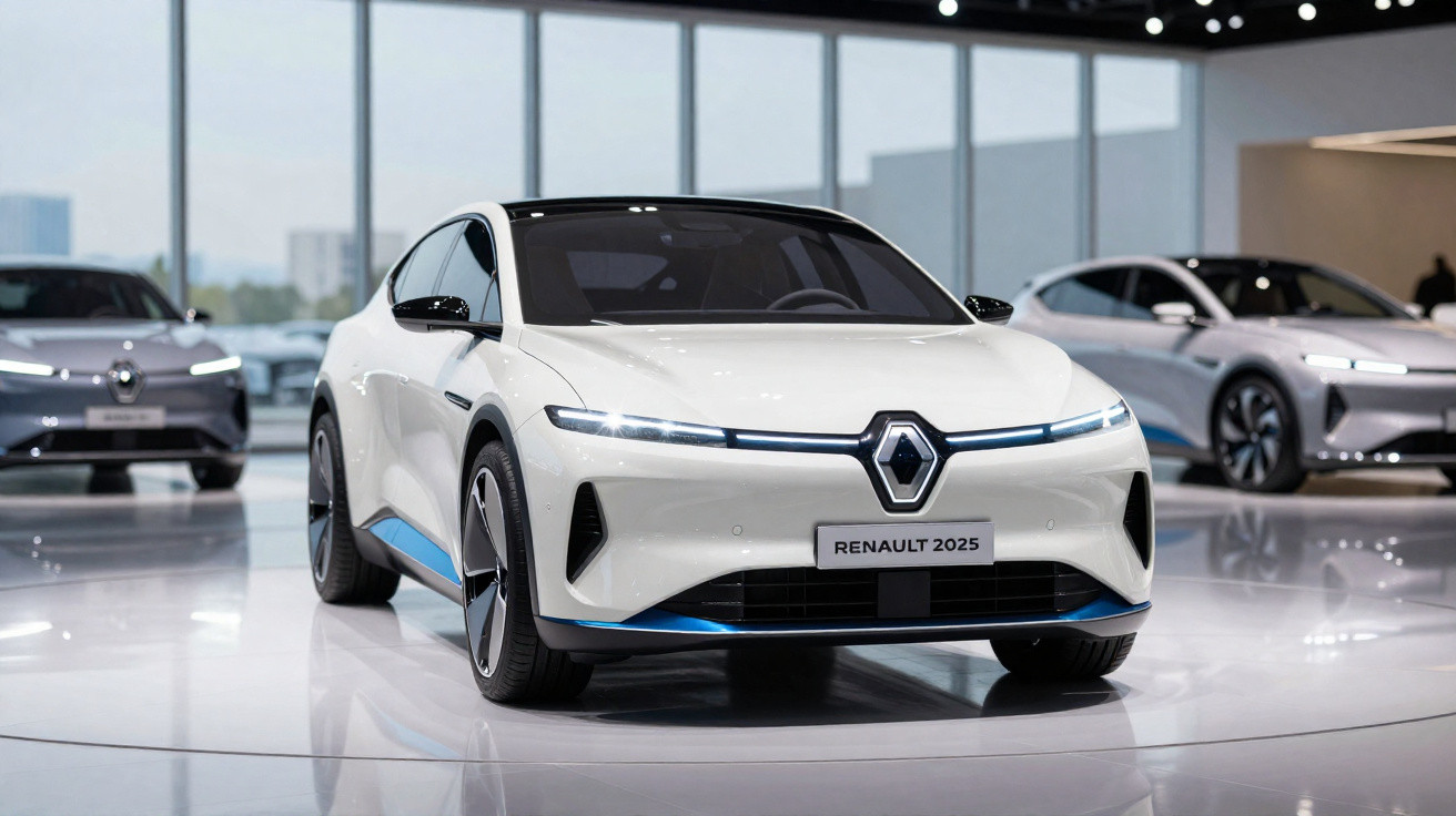 Carro elétrico Renault 2025 branco exposto em showroom moderno com luz natural.