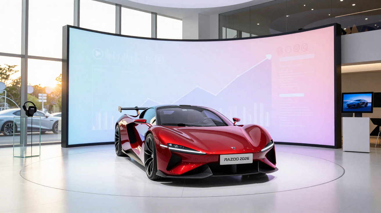 Carro desportivo vermelho em exibição num espaço moderno com ecrã digital curvo ao fundo.