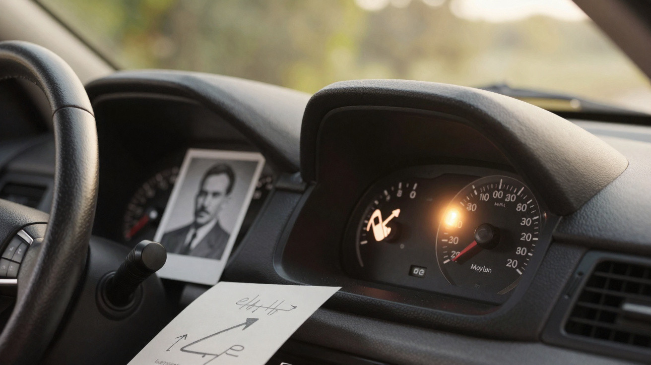 Interior de carro com painel, foto a preto e branco de homem antigo e papel com indicação de rota.