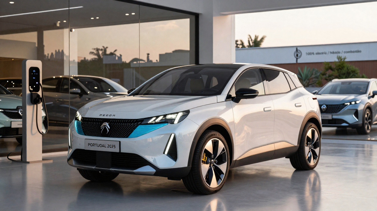 Renault eléctrico branco estacionado em showroom moderno com outras viaturas e postos de carregamento.