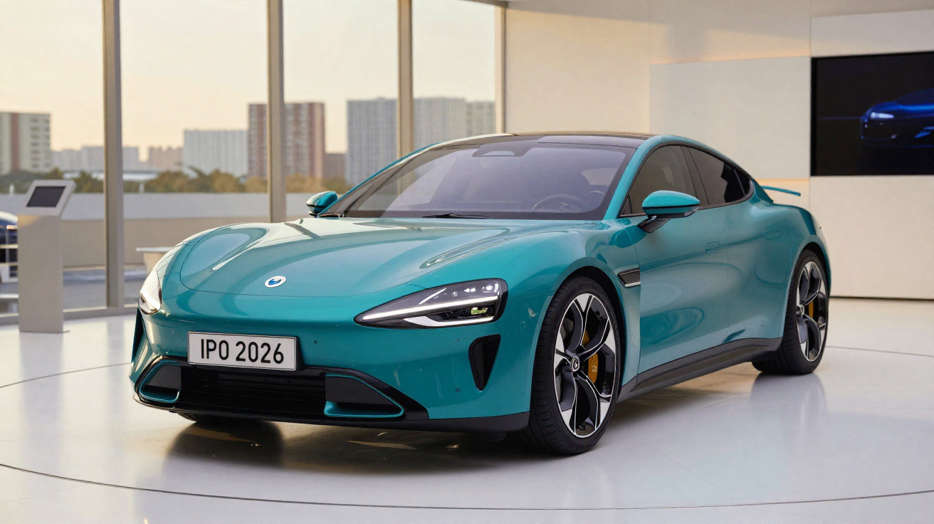 Carro desportivo eléctrico verde em exposição numa sala moderna com janelas panorâmicas e vista urbana.