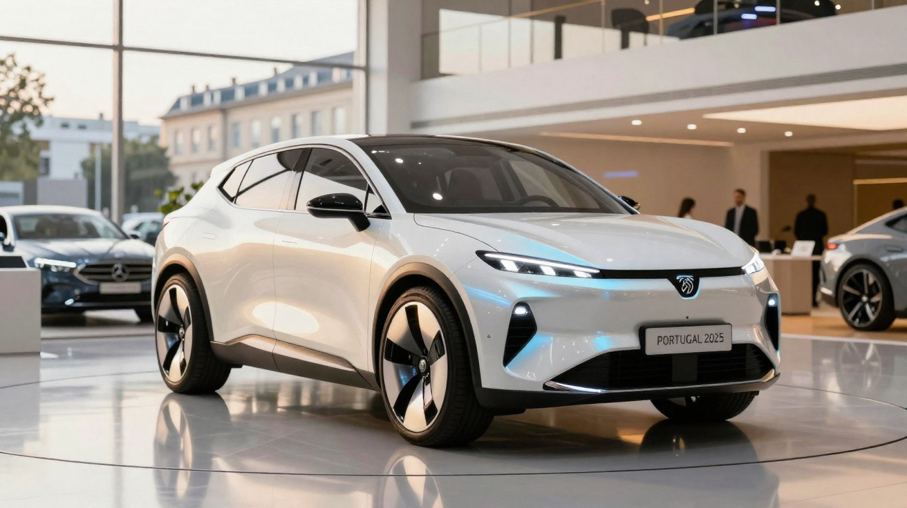 Carro elétrico branco com design moderno exposto em showroom com placa Portugal 2025.