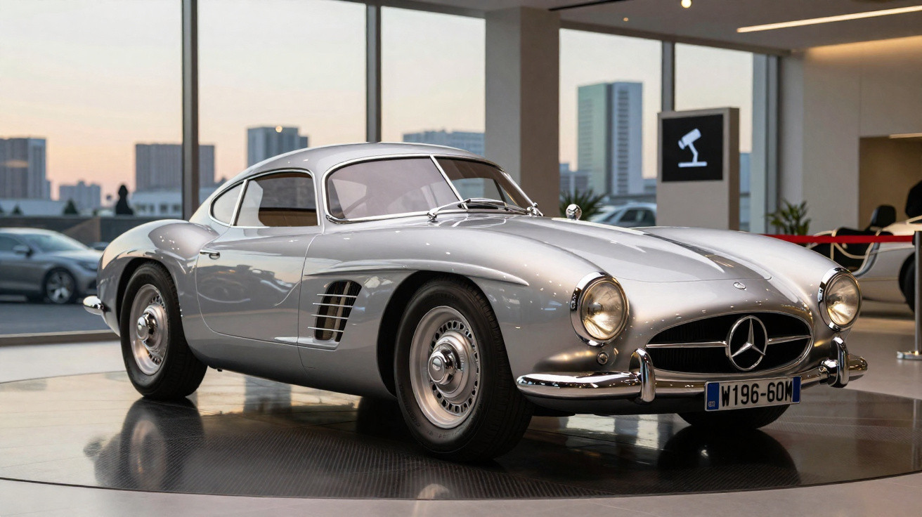 Carro clássico Mercedes-Benz 300SL prateado exibido em museu com grandes janelas e vista de cidade ao pôr do sol.