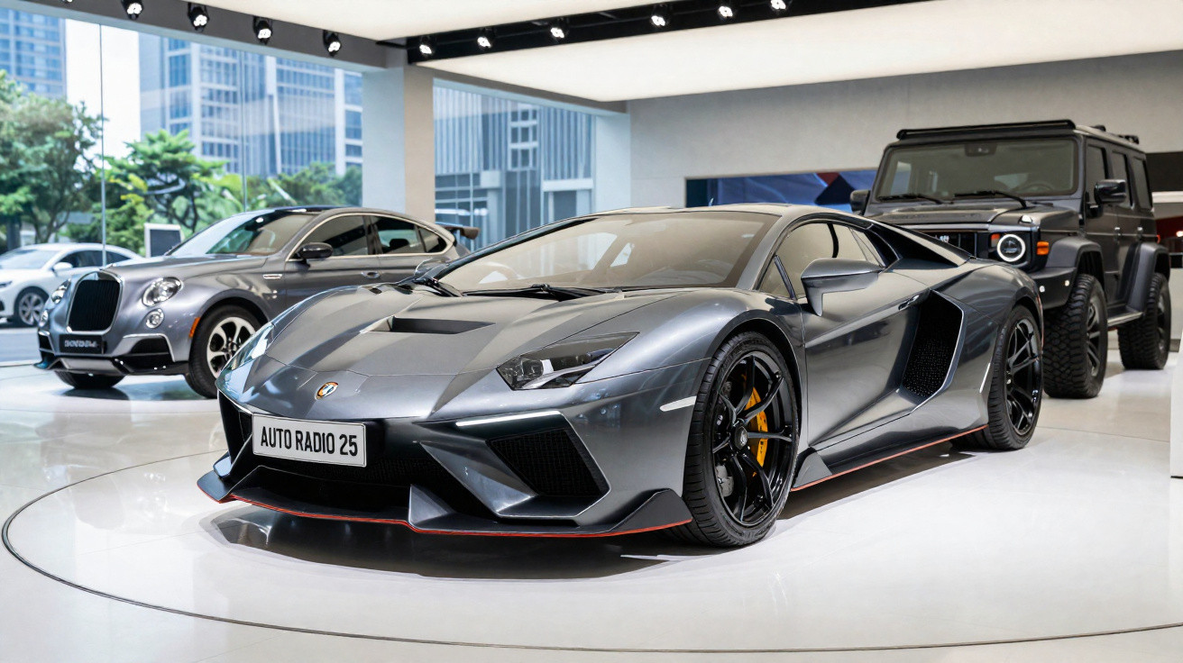 Carro desportivo cinzento exibido em showroom com dois veículos de luxo ao fundo.