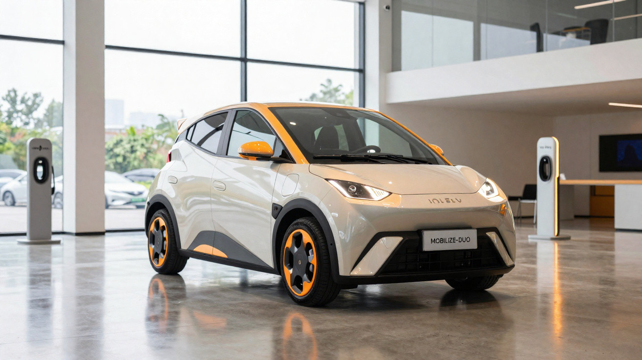 Carro elétrico branco com detalhes laranja estacionado em showroom moderno e iluminado.