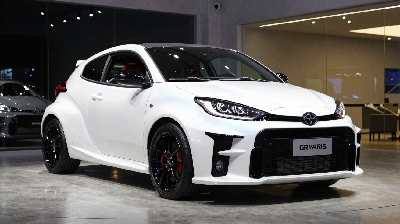 Carro desportivo compacto branco Toyota GR Yaris estacionado em espaço interior moderno.
