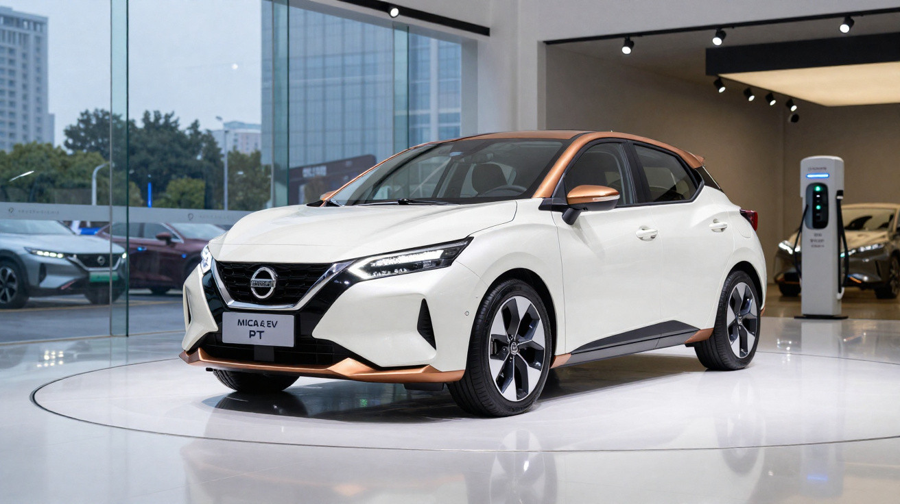 Automóvel elétrico Nissan Micra EV PT branco com detalhes cor de cobre em exposição numa sala moderna.