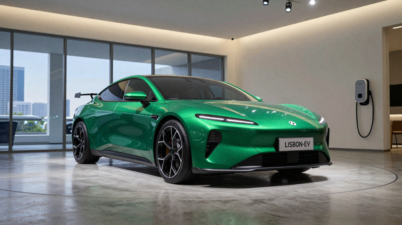 Carro elétrico desportivo verde num showroom moderno, com carregador elétrico ao fundo.