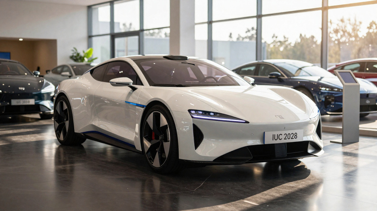 Carro desportivo branco elétrico em exposição numa sala com grandes janelas e outros carros ao fundo.